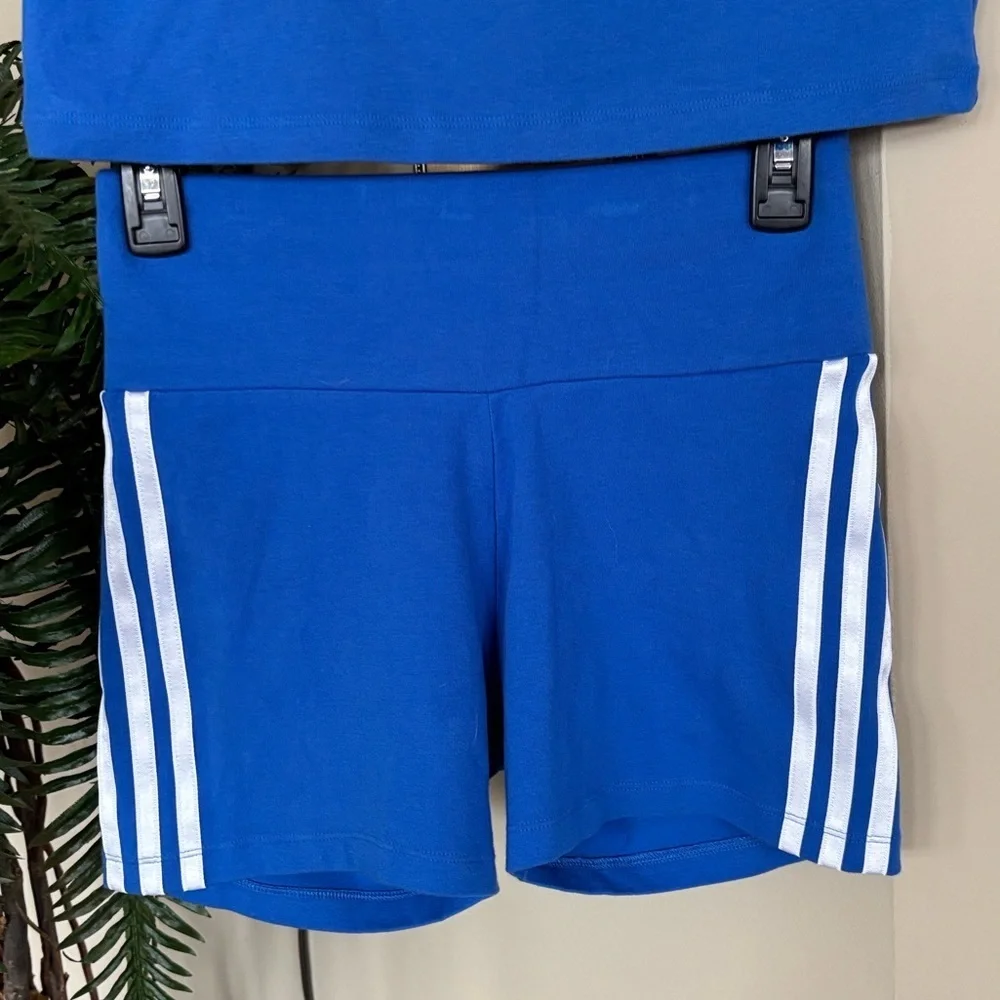 Adidas 2-Piece Blue & White 3-Stripe Racerback Tank Top & Shorts Workout Set - Picture 2 of 14
